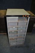 A VINTAGE METAL WORKSHOP DRAWER UNIT with fifteen small drawers (one missing) width 48cm depth