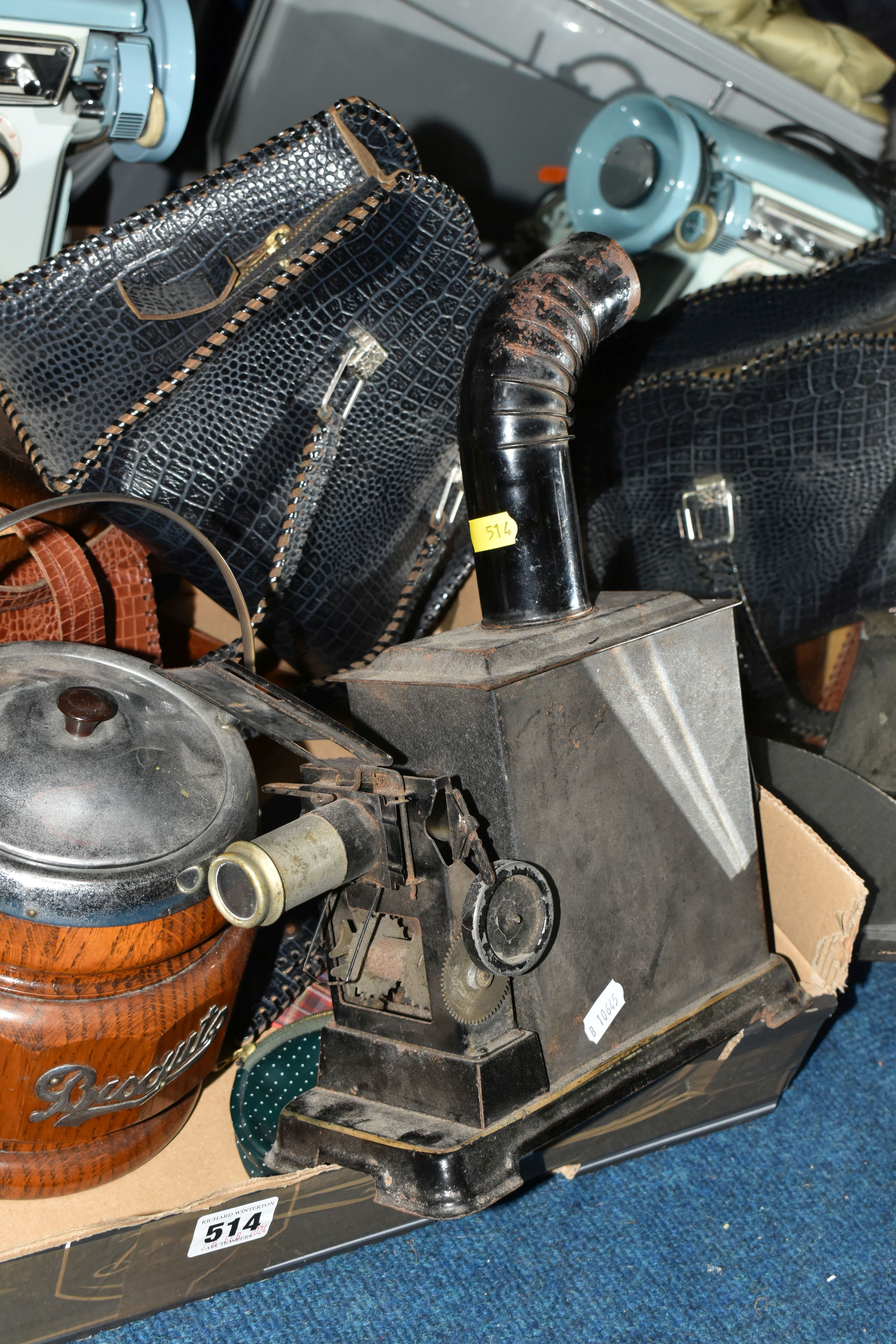 ONE BOX OF ASSORTED SUNDRIES, to include a wood and chrome 1930's biscuit barrel, mantel clock, a - Image 3 of 6