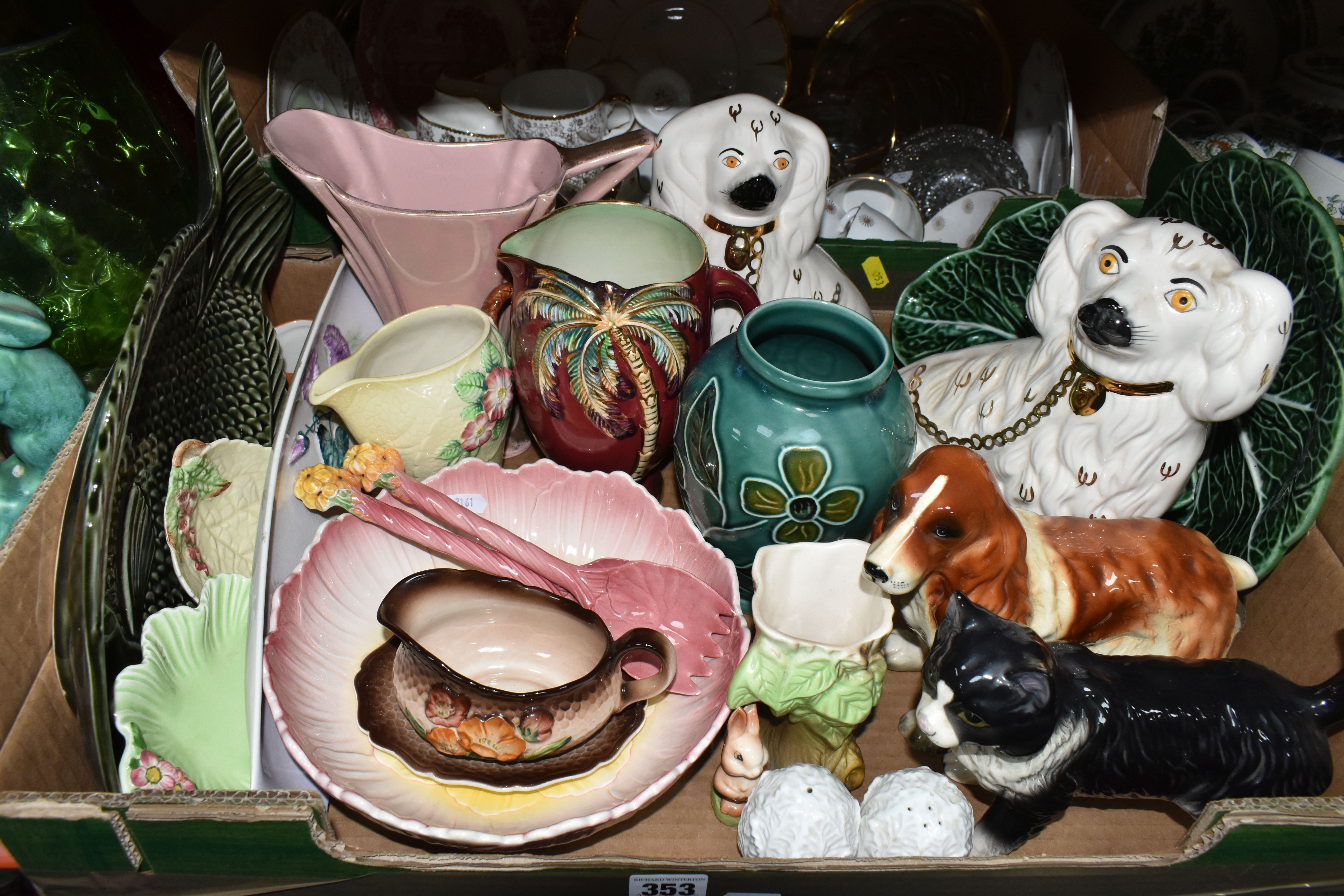 TWO BOXES OF MID TWENTIETH CENTURY CERAMICS AND COLOURED GLASSWARE, to include a J.G Meakin ' - Image 6 of 7