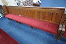 A 20TH CENTURY PINE CHURCH PEW, from Chase Terrace Methodist Church, with burgundy upholstered