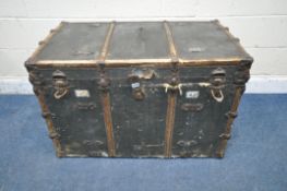 A VICTORIAN CANVAS TRAVELLING TRUNK, could be upcycled to be used as a coffee table, width 100cm x