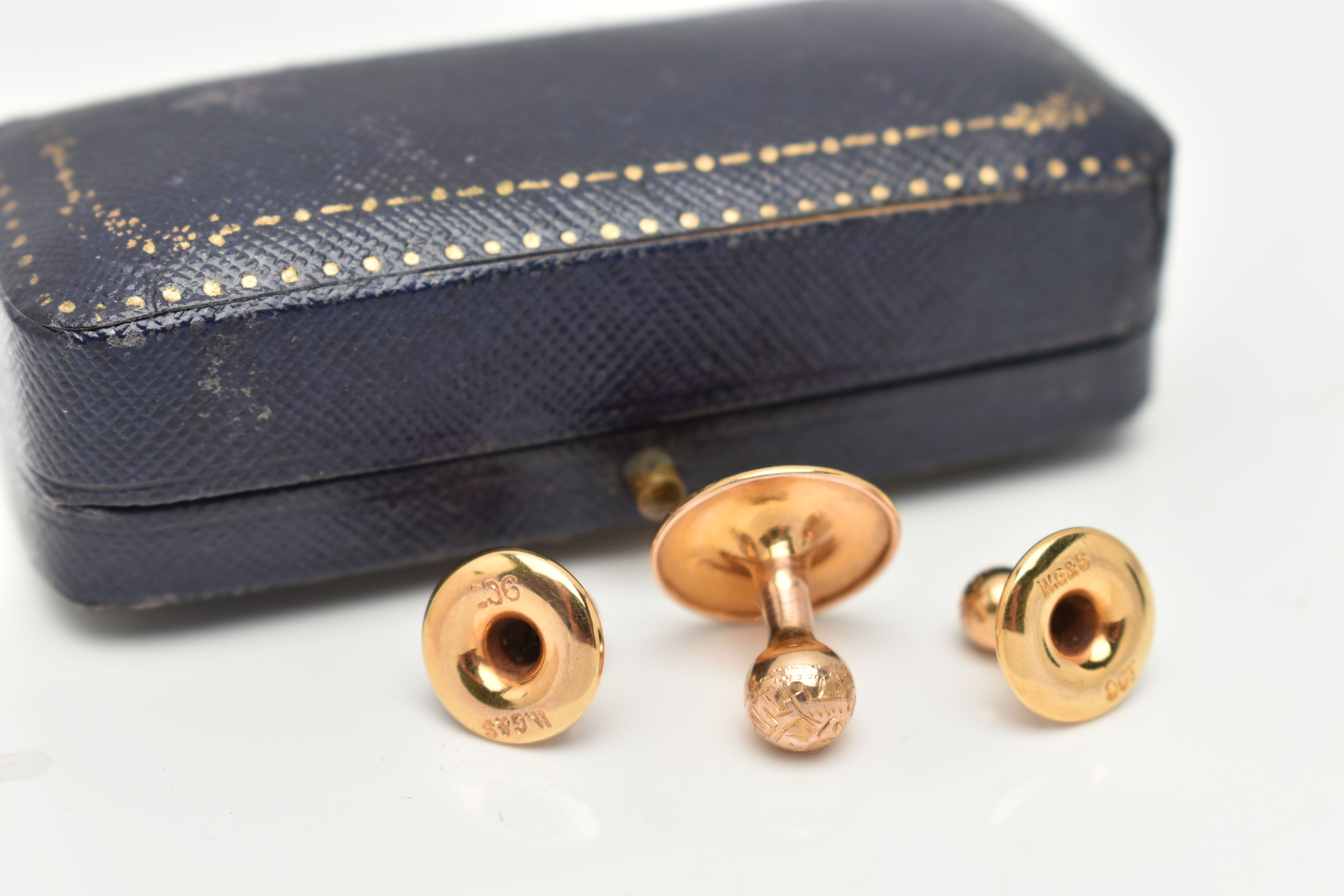 A BOXED SET OF THREE YELLOW METAL DRESS STUDS, each with a decorative ball terminal to the - Image 2 of 2