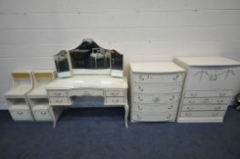 FIVE CREAM FRENCH PIECES OF BEDROOM FURNITURE, to include a dressing table, with single swing
