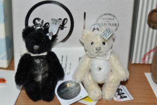 TWO BOXED STEIFF SWAROVSKI CRYSTAL TEDDY BEAR KEY RINGS, in black and white with Swarovski crystal