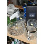 A BOXED STUART CRYSTAL VASE, THREE OTHER PIECES OF GLASSWARE AND A BOX OF KITCHENALIA, the Stuart
