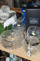 A BOXED STUART CRYSTAL VASE, THREE OTHER PIECES OF GLASSWARE AND A BOX OF KITCHENALIA, the Stuart