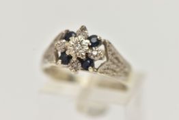 A 9CT WHITE GOLD SAPPHIRE AND DIAMOND CLUSTER RING, flower cluster set with four circular cut deep