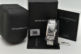 AN EMPORIO ARMANI GENTLEMAN'S WRISTWATCH, the rectangular black face with Roman numerals and