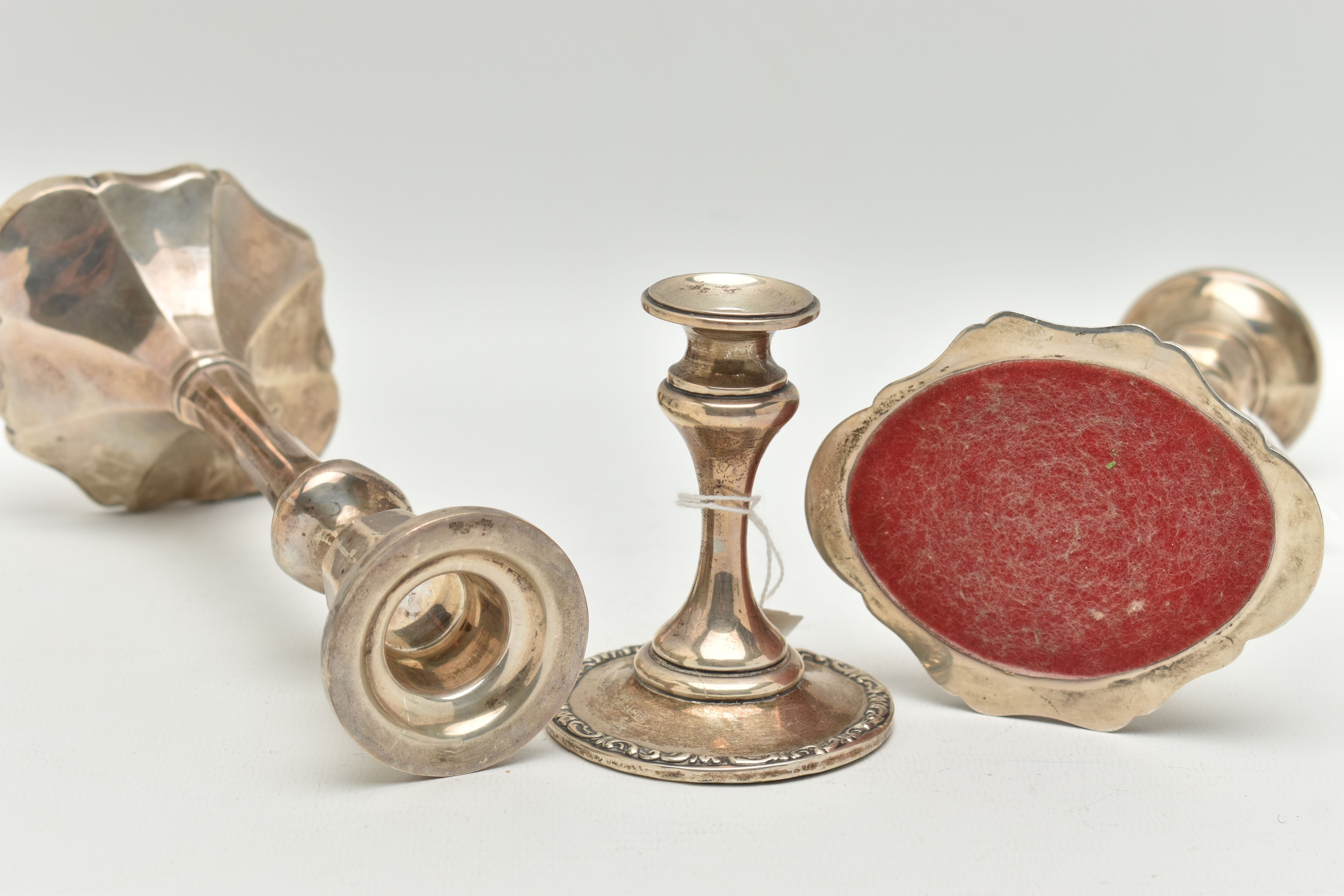 A PAIR OF ELIZABETH II SILVER CANDLESTICKS AND A DWARF CANDLE STICK, the first faceted pair of - Image 4 of 4