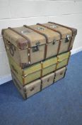 THREE VINTAGE CANVAS STEAMER TRUNKS, with bentwood banding, largest width 94cm x depth 57cm x height