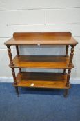 AN EDWARDIAN CENTURY WALNUT THREE TIER BUFFET, raised on turned and tapered supports, width 107cm