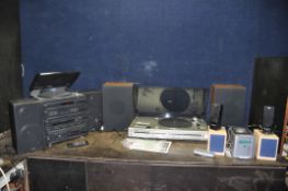 A SANYO HI FI with remote and matching speakers (CD doesn't read), a Schneider mini Hi Fi with