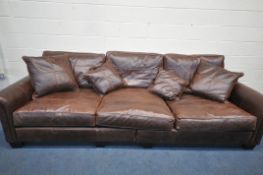 A LARGE DEEP DURESTA BROWN LEATHER THREE SEATER SOFA, with sprung cushions, length 305cm x depth