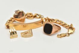AN ASSORTMENT OF 9CT GOLD JEWELLERY, to include a 9ct gold and onyx signet ring, hallmarked 9ct