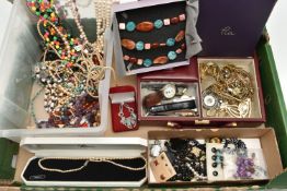 A BOX OF ASSORTED COSTUME JEWELLERY, to include beaded necklaces, semi-precious gemstone bead