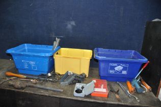 THREE TRAYS CONTAINING TOOLS including a Spencer Franklin lever pump, a centre square, a Rabone