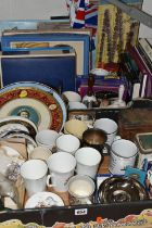 TWO BOXES OF ROYAL COMMEMORATIVE CERAMICS AND SUNDRIES, to include assorted mugs, vintage tins,