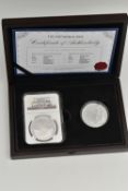 A BOXED PAIR OF .999 SILVER BRITANNIA COINS, to include a slabbed 2015 PF70 ULTRA CAMEO 2015 £2 (one
