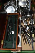 A BOX OF OLD HALL AND SIMILAR STAINLESS STEEL ITEMS, to include a wooden cased carving set, a hors