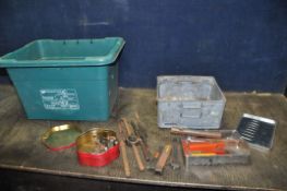 A TRAY CONTAINING THREADING AND CUTTING EQUIPMENT including Imperial taps and dies, wrenches and