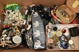 A BOX OF ASSORTED COSTUME JEWELLERY, to include beaded necklaces, bracelets, earrings, rings etc,