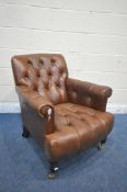 A LAURA ASHLEY BROWN 100% CATTLE HIDE BUTTONED ARMCHAIR, width 82cm x depth 74cm x height 84cm,