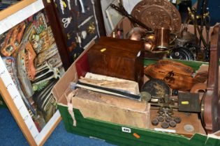 TWO BOXES OF METALWARE AND FRAMED PICTURES, to include a copper kettle, copper ornaments, brass