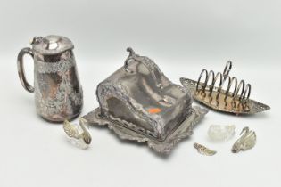 AN ASSORTMENT OF WHITE METAL WARE, to include a cheese dish and cover with scrolling acanthus detail