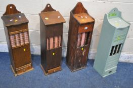 FOUR 20TH CENTURY BAGUETTE BOXES, all with hinged lids, three with drawers, one painted teal (