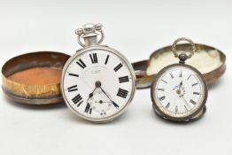A SILVER OPEN FACE POCKET WATCH AND A LADIES WHITE METAL POCKET WATCH, key wound, round white dial