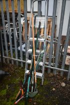 AN ALUMINIUM STEP LADDER, along with a bundle of hand garden tools, including shears, rakes, etc (