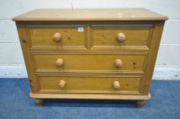 A PINE CHEST OF TWO SHORT OVER TWO LONG DRAWERS, width 92cm x depth 46cm x height 72cm (condition