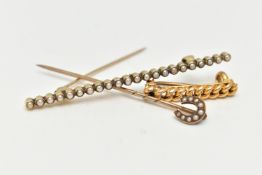 TWO BROOCHES AND A STICK PIN, the first a yellow metal bar brooch set with a row of seed pearls each