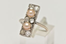 AN ART DECO WHITE METAL DIAMOND AND CULTURED PEARL RING, of a rectangular form, set with two cream