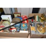 TWO BOXES AND LOOSE WALKING STICK, ADVERTISING TINS AND SUNDRY VINTAGE ITEMS, to include a horn