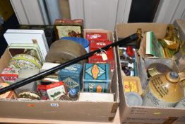TWO BOXES AND LOOSE WALKING STICK, ADVERTISING TINS AND SUNDRY VINTAGE ITEMS, to include a horn