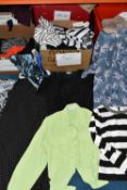 SIX BOXES OF WOMEN'S CLOTHING, to include trousers, dresses, cardigans, tops, shirts and jackets,