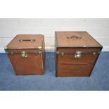 TWO SIZED FRENCH HAT TRUNKS, with a leather handle to the hinged lid, that's enclosing multiple