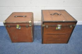 TWO SIZED FRENCH HAT TRUNKS, with a leather handle to the hinged lid, that's enclosing multiple