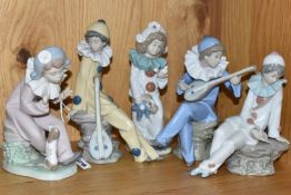 FIVE NAO PIERROT/CLOWN FIGURES, comprising A Bird in Hand, Pierrot Boy with Mandolin, Love Letter,