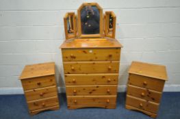 A MODERN PINE CHEST OF FIVE DRAWERS, width 83cm x depth 45cm x height 109cm, a pair of three