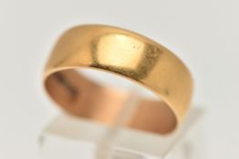A 22CT YELLOW GOLD WEDDING RING, designed as a plain polished D shape cross section band, ring