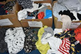 SIX BOXES OF WOMEN'S CLOTHING, to include cardigans, dresses, long sleeved tops, short sleeved