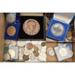 A CARDBOARD BOX OF MIXED COINS AND MEDALS, to include The Rosenhan Bronze Medal For Physical