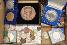 A CARDBOARD BOX OF MIXED COINS AND MEDALS, to include The Rosenhan Bronze Medal For Physical