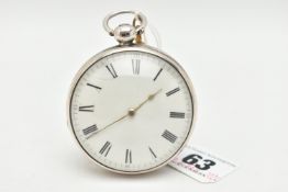 A GEORGE IV SILVER OPEN FACE POCKET WATCH, key wound, round white Roman numeral dial, white metal