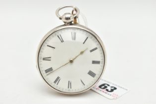 A GEORGE IV SILVER OPEN FACE POCKET WATCH, key wound, round white Roman numeral dial, white metal