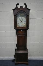 A 19TH CENTURY MAHOGANY EIGHT DAY LONGCASE CLOCK, with brass bird finial, twin swan neck pediment,