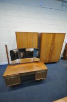 A WHITE AND NEWTON TEAK THREE PIECE BEDROOM SUITE, comprising two double door wardrobes, largest