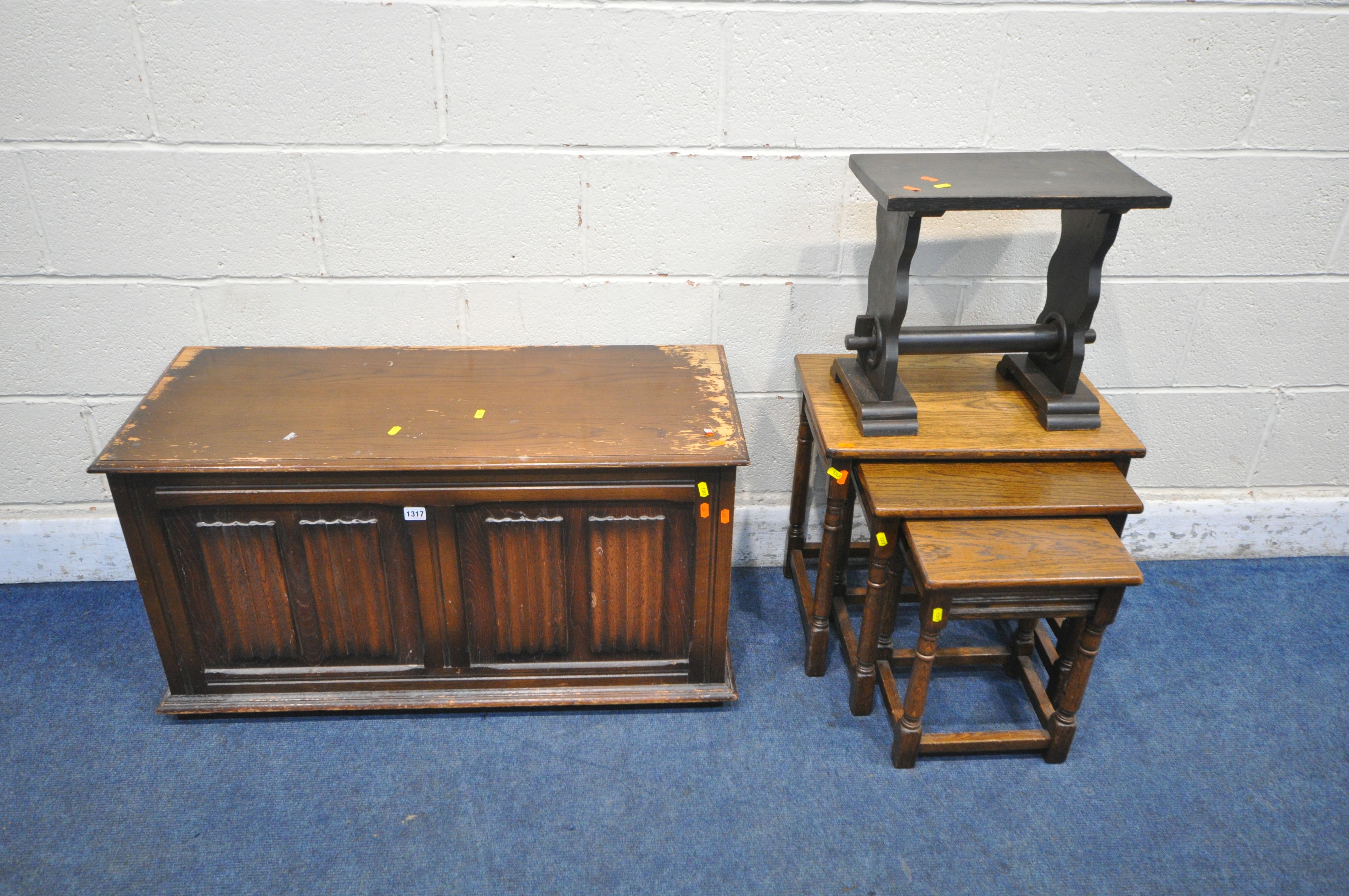 A 20TH CENTURY OAK LINENFOLD BLANKET BOX, width 95cm x depth 42cm x height 52cm, an oak nest of